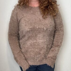 Mintbabe Beige Fuzzy Eyelash Fur Fabric Knit Sweater Tie Back‎ Women's Medium